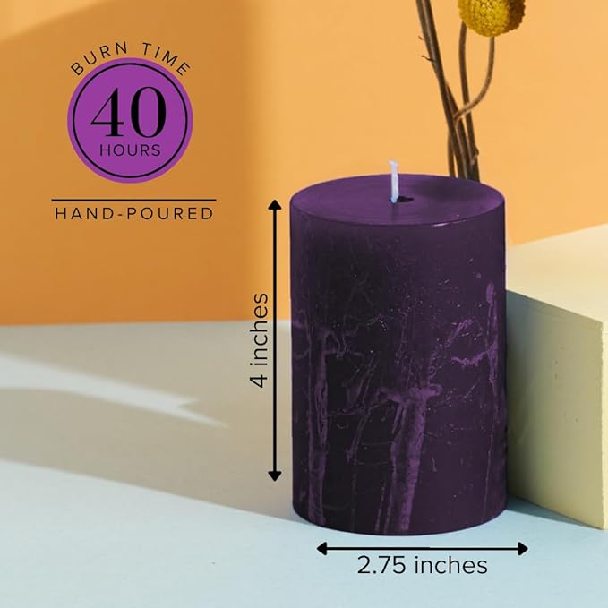 Simply Soson Purple Plum Rustic Texture Pillar Candles 3x4 inch - Set of 3 - Unscented Decorative Purple Candles, No drip Candle, Ideal as Large Candle for Home Decor, Weddings, Holidays