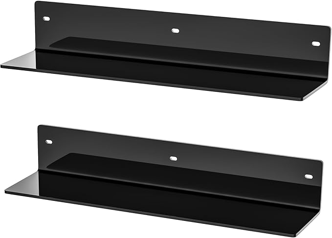 Sezanrpt 16 Inches Black Acrylic Wall Shelves 2 Pack, L Shape Floating Shelf, Acrylic Corner Shelf for Model Car, Candle, Calendar, Towel, Toiletries, Moisture-Proof, 4'' Depth