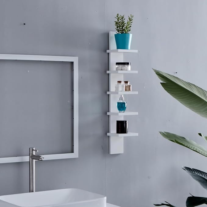 Danya B 5 Tier Wall Shelf Unit Narrow Smooth Laminate Finish - Vertical Column Utility Shelf Floating Storage Home Decor Organizer 5.1" x 6" x 30" (White)