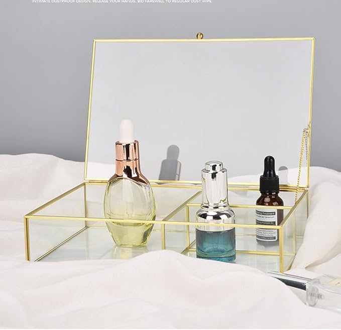 Cosmetic Organizer, Make Up Organizer Glass Compartments Make Up Brush Holder Clarity Cosmetic Box With Lid Jewelry Box For Desk Make Up Holder Kitchen Bathroom, Gold