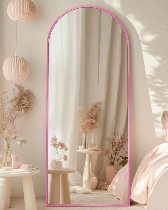 Full Length Mirror, 58"x19" Arched Floor Mirror Freestanding, Floor Standing Full Body Mirror with Stand for Bedroom, Hanging Mounted for Living Room Cloakroom,Pink