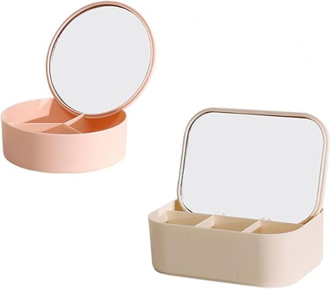 Makeup Mirror Storage Box, Travel Makeup Bag with Mirror, Portable Desktop Organizer Vanity Case for Women Beauty Tools