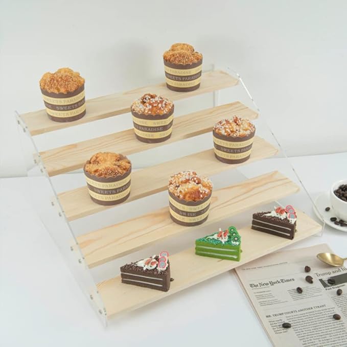 2 Pack Large 5 Tier Acrylic Display Stand 16*13*7.8 inches for Figures Wooden Risers Display Case for Craft Fair Acrylic Cupcake Stand for Dessert Table Cologne Organizer for Men