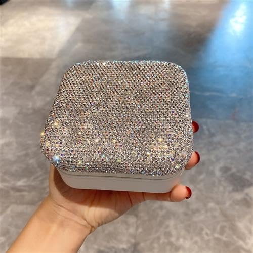 Bling Rhinestone Jewelry Box Case Makeup Organizer Dresser Display Cabinet Travel Portable Leather Partition Storage Box Gift for Sister's mom teacher