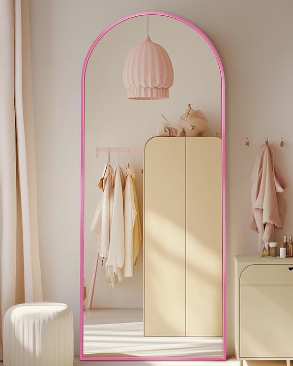Full Length Mirror, 58"x19" Arched Floor Mirror Freestanding, Floor Standing Full Body Mirror with Stand for Bedroom, Hanging Mounted for Living Room Cloakroom,Pink