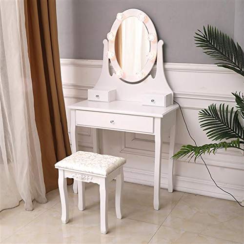 Dressing Table, Vanity Set with Mirror & Stool Vanity Makeup Table MDF Makeup Dressing Table with Cushioned Stool Cosmetic and Jewelry Organizers for Women Girls Bedroom, Bathroom