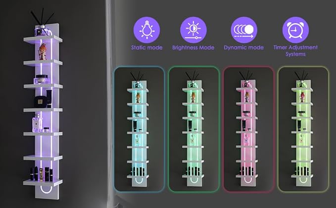 Exclusive U-Shaped 7-Tier Compact Narrow Wall Shelf Unit with RGB Lighting, Modern Vertical Shelf for Vanity, Ideal for Anime Figures, Perfumes, Cosmetics, Collectibles,White