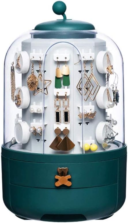 360 Rotating Jewelry Box Cosmetic Storage Box Transparent Makeup Organizer Earrings Desktop Organizer for Necklace ping (Color : Green)