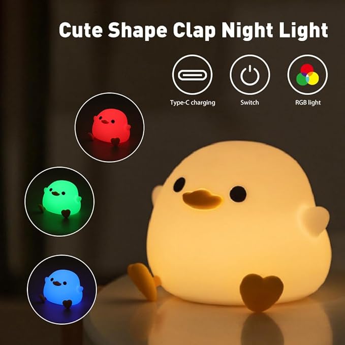 IFTHFOUR DoDo Duck Night Light, LED Cute Silicone Dimmable Nursery Lamp, Rechargeable USB-C Bedside Touch Sensor Lamp, RGB & Warm White Light for Kids, Bedrooms, Dorm Decor, and Gift Ideas(Charging)