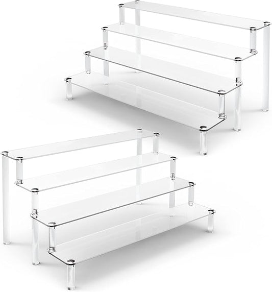 KALYLOC 2Pcs Acrylic Riser Shelf Display Stand, 4 Tier Clear Display Shelf Action Figures Holder, Collectibles Shelf for Toys Cupcakes Dessert Jewels Figurines(15.7x10.5x7.5inch)
