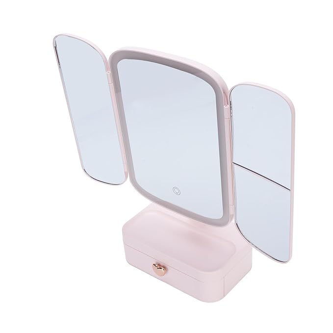 Desktop Lighted Makeup Mirror Organizer 3 Color Temperature Dimming LED Light for Bedroom