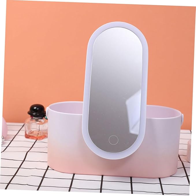 Housoutil Portable Makeup Organizer with Led Mirror Handheld Storage Box for Travel High Definition Rotating Makeup Mirror Sturdy Abs Material for Use