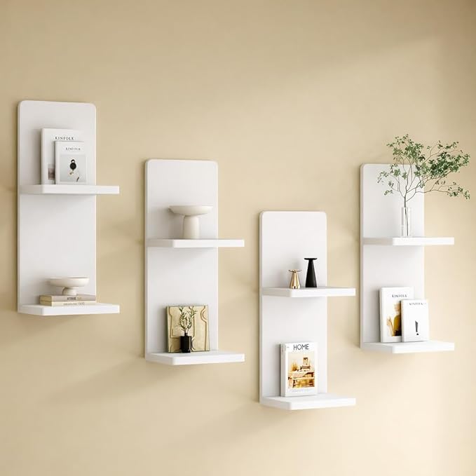 Floating Wall Shelves Set of 2, White Solid Wood Double Layer Wall Mounted Shelf, 20 x 8 x 6 Inches, Modern Storage for Bedroom, Bathroom, Kitchen, Home Decor, Plants & Cosmetics