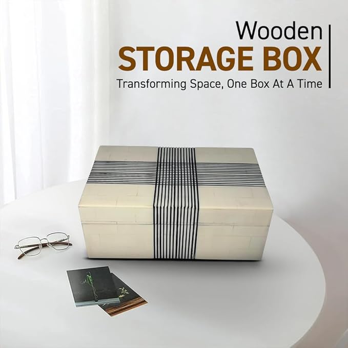 Perilla Home ﻿Home Decor Decorative Storage Wooden Box Small Wooden Organizer Tool Stash Card Craft Trinket Memory Keepsake Jewelry Box for Men and Women, Thin Line, Gifts For All Black & Off White