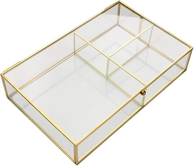 Cosmetic Organizer, Make Up Organizer Glass Compartments Make Up Brush Holder Clarity Cosmetic Box With Lid Jewelry Box For Desk Make Up Holder Kitchen Bathroom, Gold