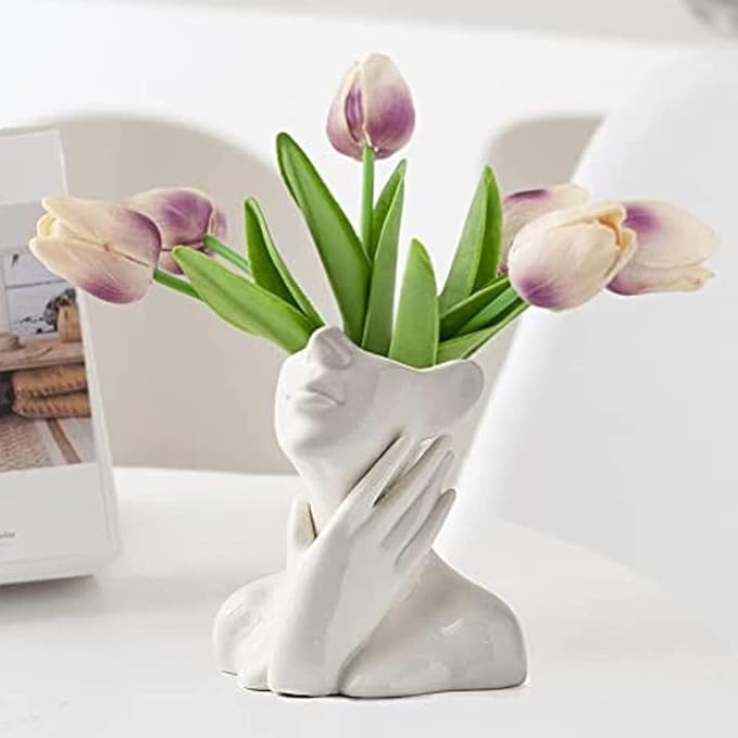 White Ceramic Vase Creative Human Body Art Design Multi Functional Office Desktop Organizer Pen Holder Makeup Brush Holder Home Decor Vase for Flowers Boho Ceramic Vases Stylish Decorative Accent (C)
