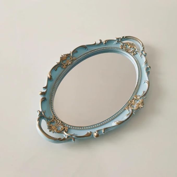 Dresser Organizer Tray, Oval Vintage Decorative Mirror Tray,Cosmetics Makeup Storage Organizer, Decorative Perfume Mirror Trays Serving Trays(Blue)