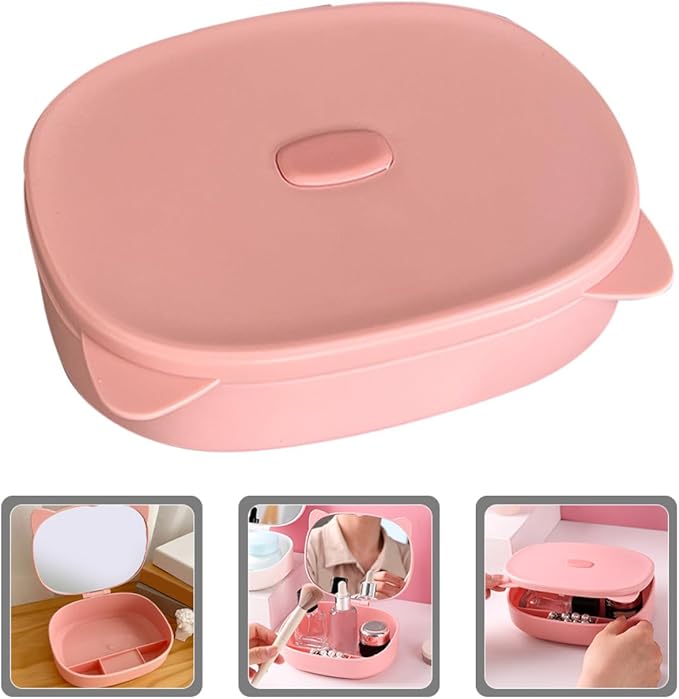 ARTIBETTER Small Jewelry Storage Box with Mirror and Cat Ear Hair Clip, Pink Cosmetic Holder and Hair Tie Organizer, Compact Makeup and Accessories Case for Travel and Home