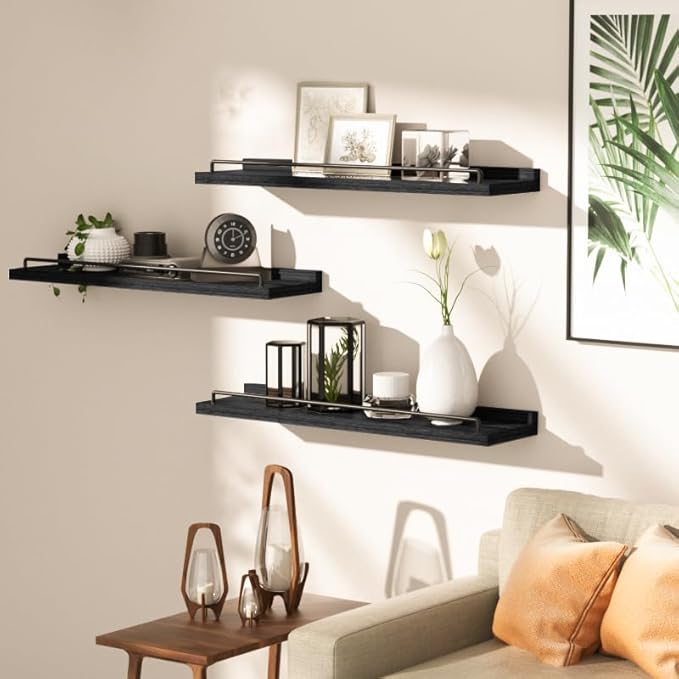 RYOFOBETTO 22 inches Long Floating Shelves, Bathroom Decor Shelves Over Toilet, Farmhouse Wall Shelves for Living Room, Bedroom, Picture Frames, Plants, Kitchen, Set of 3 (Black)
