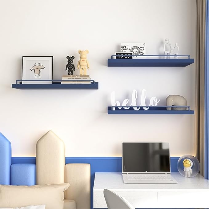 RYOFOBETTO Floating Shelves, Bathroom Decor Shelves Over Toilet, Farmhouse Wall Shelves for Living Room, Bedroom, Picture Frames, Plants, Kitchen, Set of 3 (Dark Blue)