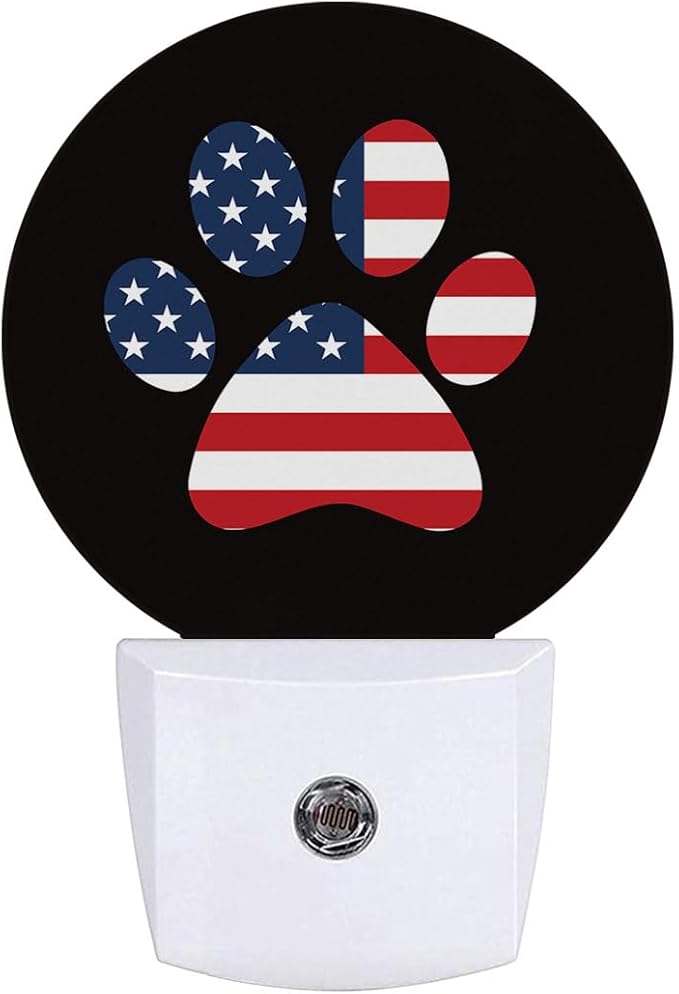 USA Flag Paw Plug in Night Light Auto Light Round Lamps Energy Saving Gift for Women Men Friends
