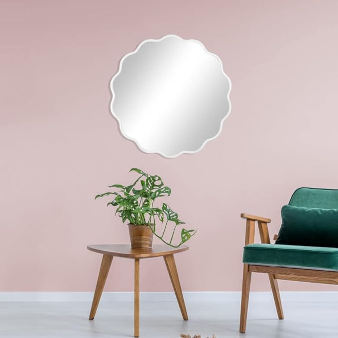 White Round Wavy Mirror for Wall 22 inch Nursery Mirror Decorative Metal Circle Mirrors Scalloped White Hanging Mirror for Bathroom,Bedroom, Dresser, Living Room,Entryway