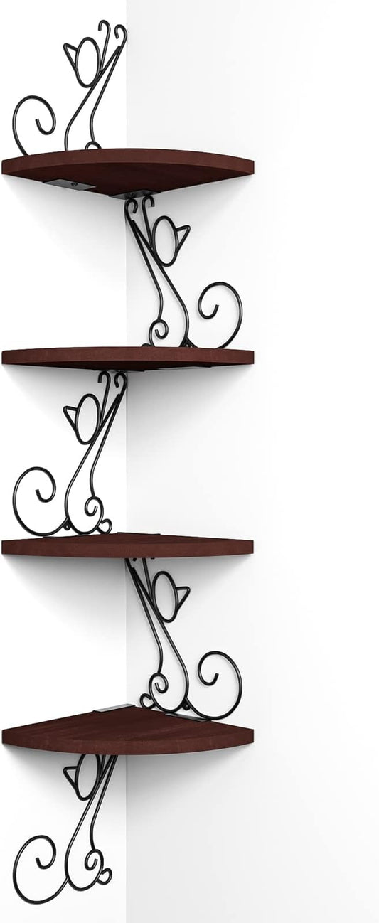 Alsonerbay Corner Shelf Wall Mount, 4 Tier Floating Shelves for Wall, Easy-to-Assemble Wall Shelves Rustic Wood Decor for Bedroom Living Room Bathroom Kitchen Office, Walnut Finish