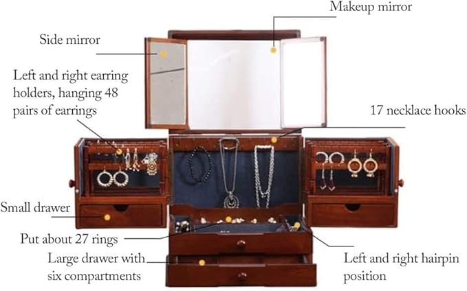 Makeup Organizer Jewelry Case Organizer Jewelry Storage Wooden Jewelry Box With Mirror Lid 5-Layer Jewelry Organizer Box Extra Large Capacity Jewelry Armoire Ring Necklacel Jewelry Box