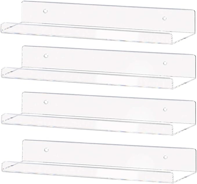 Weiai Clear Acrylic Shelf 15" Invisible Floating Wall Ledge Bookshelf, Kids Book Display Shelves Wall Mounted (15 Inch 4Pack)