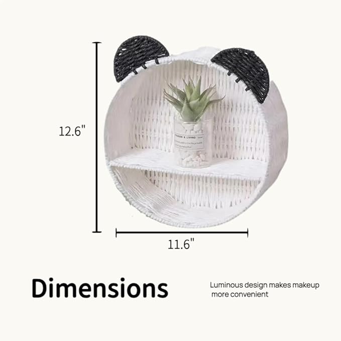 Panda Nursery Decor Wall Shelf, Handwoven Wicker Nursery Shelves for Wall, Wall Mounted Shelf for Small Books, Toys & Decor
