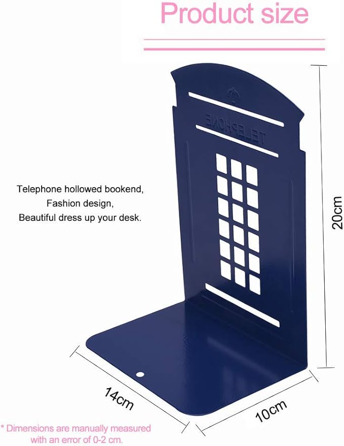 MerryNine 2 Pack Book Ends, Metal Bookends for Shelves, Telephone Booth Decorative Bookends, Non Skid Heavy Bookends, Book, Magazine or CD Organizers for Home and Office (Blue-2pcs)