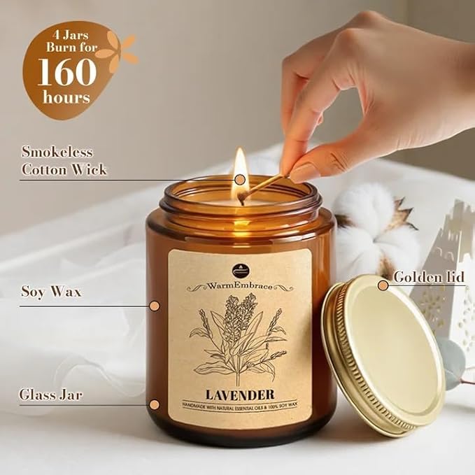 WarmEmbrace Lavender Candles, 4-Pack Scented Candle Set for Women, 7.6 oz Natural Organic Soy Wax in Glass Jar, 160 Hours Long-Lasting Burn, Perfect for Mother's Day, Birthday Gifting (4 Fragrance)
