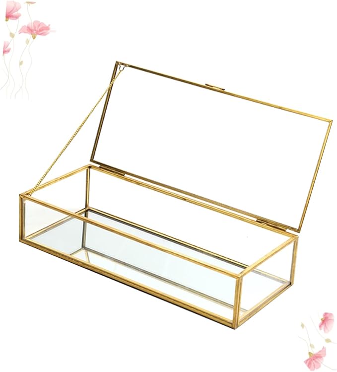 Gold Rim Glass Jewelry Box Desktop Makeup Organizer Geometric Design Ring Necklace Earring Storage Wedding