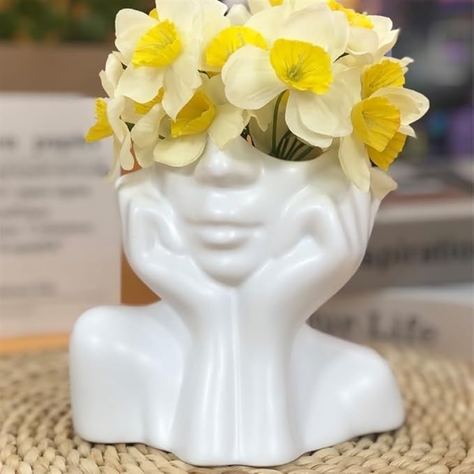 Face Vase – Small Human Body Art Vase in Resin,Women’s Head Shape for Flowers, Makeup Organizer & Desk Decor (White)