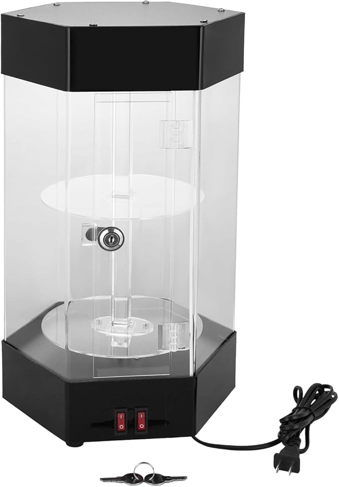 Electric Rotating Display Case, 2-Tier Acrylic, Clear Spinning Cabinet, LED Lights, Lock, Cosmetics, Figurines, Jewelry
