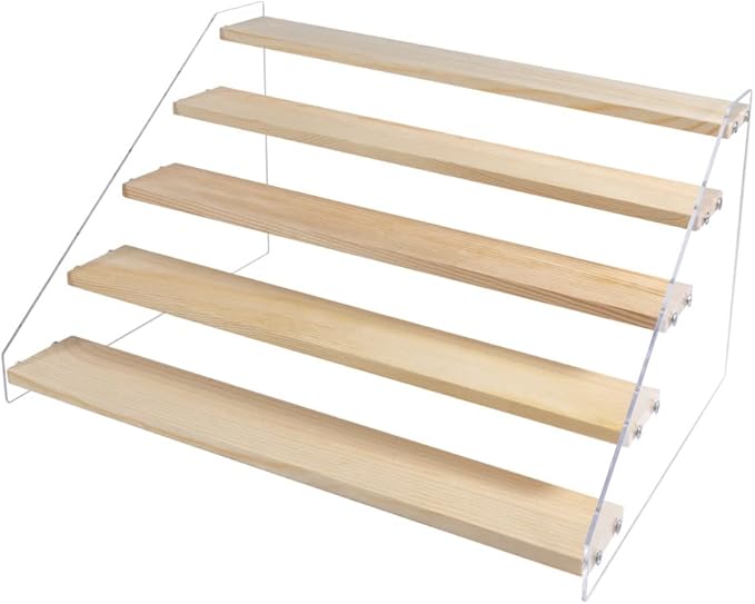 5 Tier Acrylic Display Stand for Figures, Wooden Risers, Craft Fair, Acrylic Cupcake Stand, Dessert Table Top, Jewelry Displays, Craft Shows, Cologne, Perfume Shelf