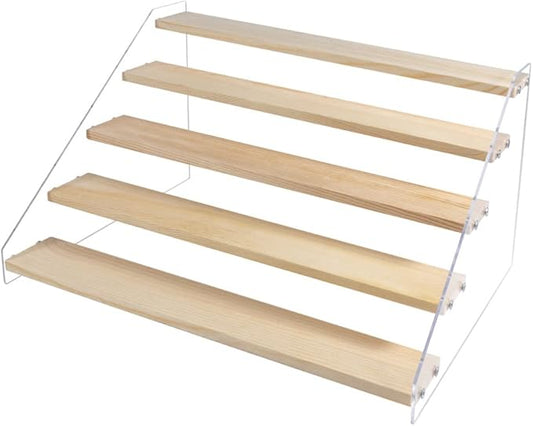 5 Tier Acrylic Display Stand for Figures, Wooden Risers, Craft Fair, Acrylic Cupcake Stand, Dessert Table Top, Jewelry Displays, Craft Shows, Cologne, Perfume Shelf