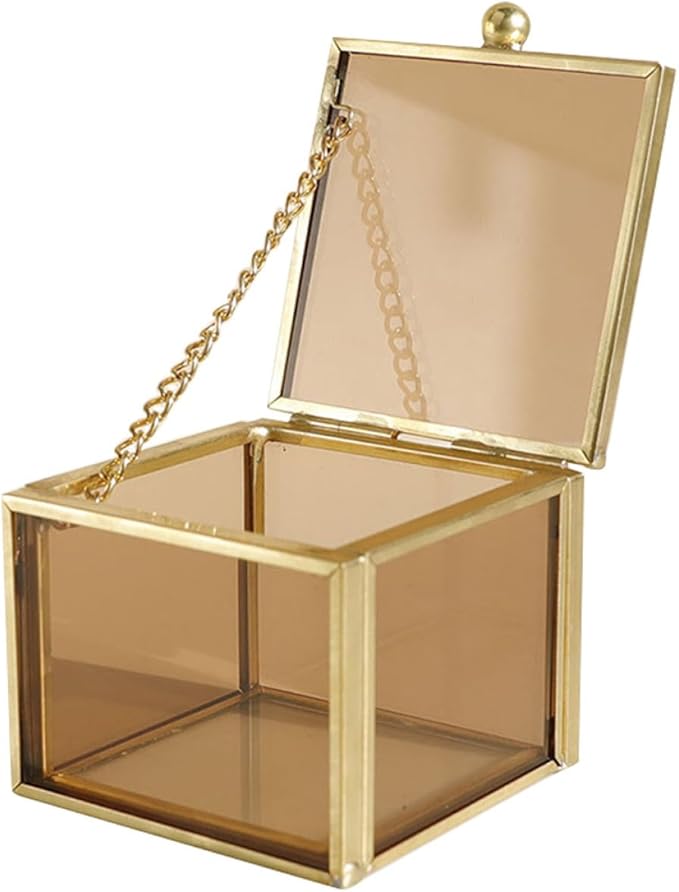 Luxshiny Vintage Square Glass Jewelry Box with Lid, Cosmetic Organizer and Trinket Storage Case for Women, Home Display Container for Rings, Necklaces, and Makeup Essentials