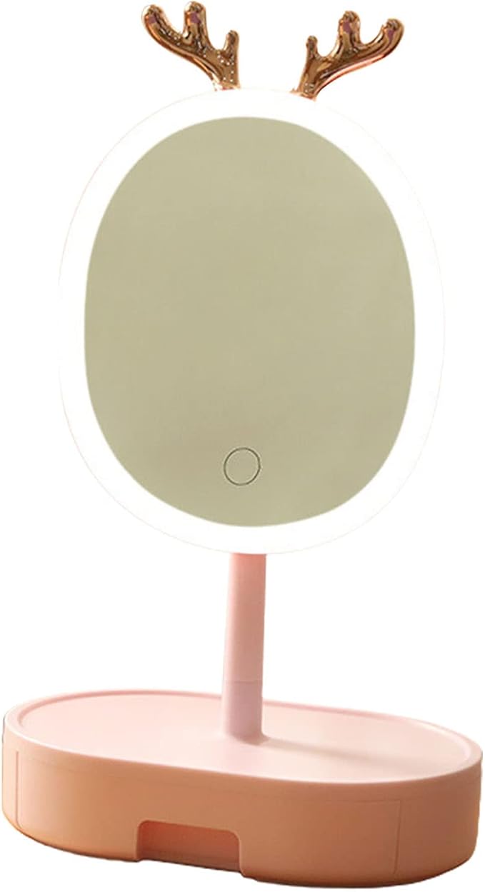 LED Makeup Mirror Stepless Dimming USB Rechargeable,Cosmetic Organizer Boxes90° Rotating Freestanding Mirror for Makeup,Touch Screen,Removable Makeup Mirror,Pink