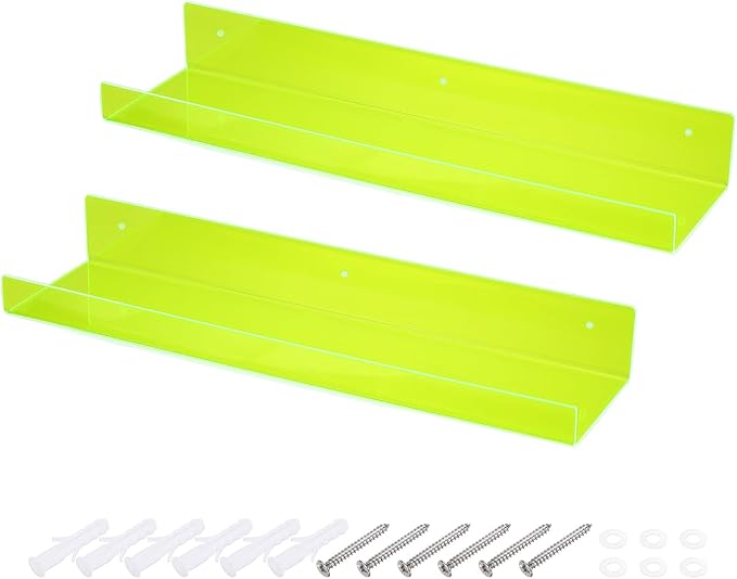 MECCANIXITY 2 Pack Acrylic Shelves for Wall, 15 Inch Fluorescent Green Floating Shelves Wall Mount Display Shelf for Bathroom, Bedroom, Living Room, Room Decor