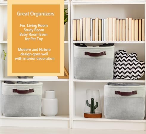 Simple Houseware Large Fabric Storage Bin, 15" x 11" with Leather Like Handles, 3 Pack, Gray
