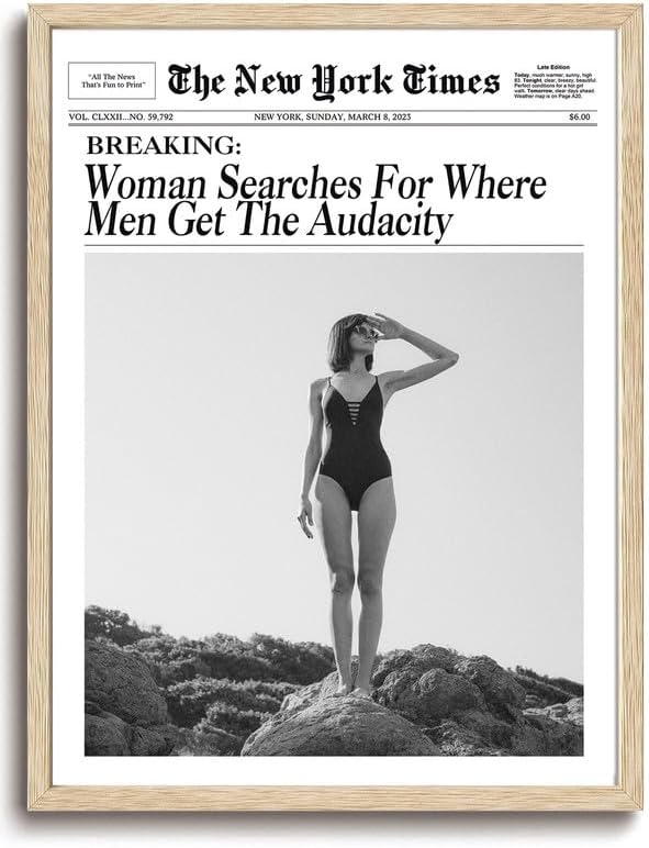 Bwodke OAK Wood Framed Wall Art Woman Searches For Where Men Get The Audacity Canvas Art Vintage Newspaper Pictures Wall Decor Trendy Retro Magazine Prints for Girly Dorm Bedroom 8"x10"