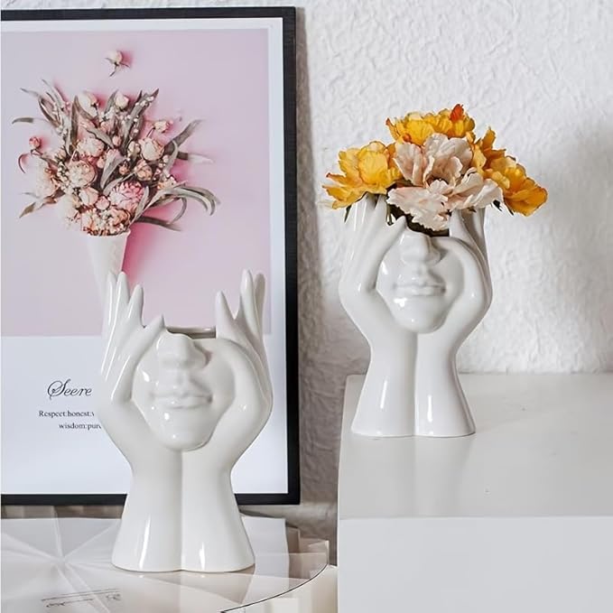 White Ceramic Vase Creative Human Body Art Design Multi Functional Office Desktop Organizer Pen Holder Makeup Brush Holder Home Decor Vase for Flowers Boho Ceramic Vases Stylish Decorative Accent (B)