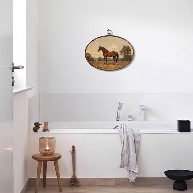 Vintage Horse Oval Framed Wall Art, Classic Horse Picture Canvas Art Painting Wall Decor, Rustic Cottagecore Hanging Decor Print Artwork for Home Bathroom Living Room Bedroom Farmhouse 12X8.3