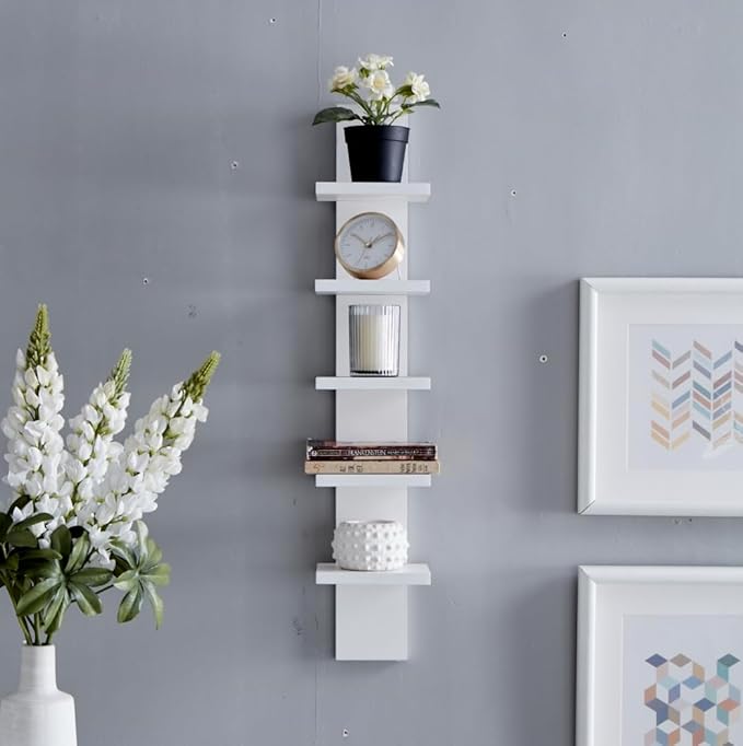 Danya B 5 Tier Wall Shelf Unit Narrow Smooth Laminate Finish - Vertical Column Utility Shelf Floating Storage Home Decor Organizer 5.1" x 6" x 30" (White)