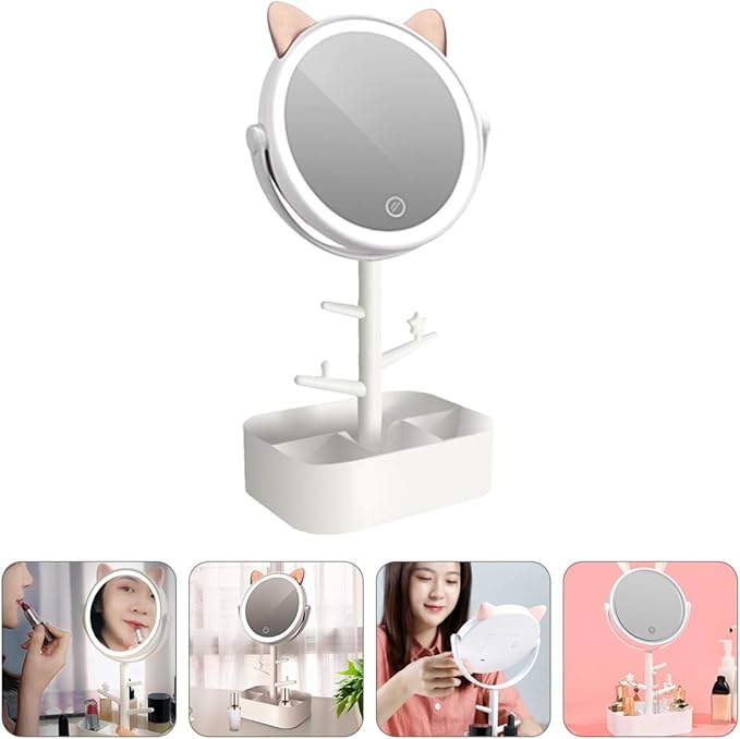 LED Makeup Mirror with Storage Box, Dimmable Rechargeable Tabletop Vanity Mirror with Desktop Organizer, Small Size Creative Cat Design for Makeup Supplies and Dressing Table Use