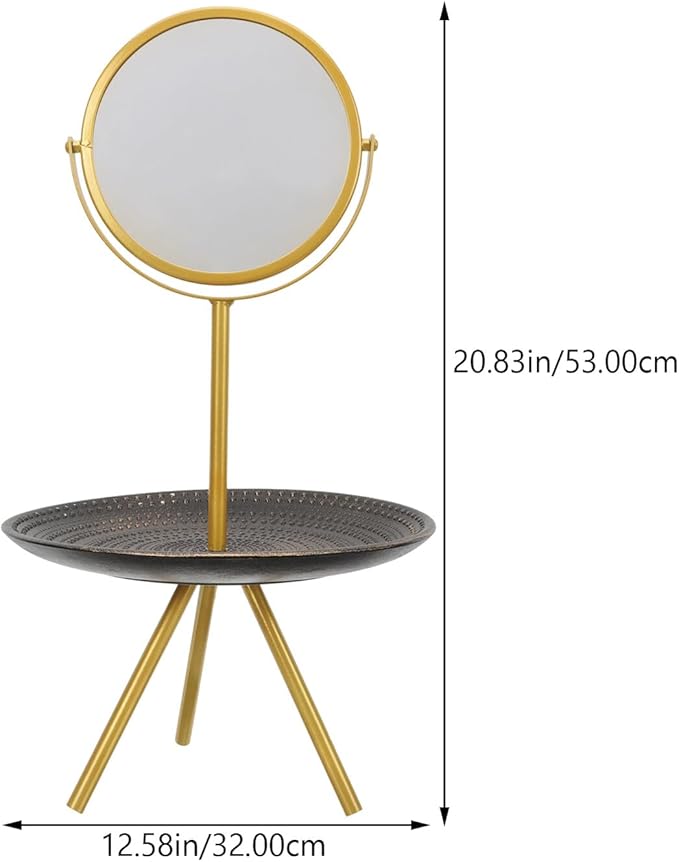 CLISPEED Makeup Mirror with Jewelry Tray Rotatable Tabletop Mirror for Bedroom, Gold Finish Vanity Cosmetic Organizer for Women