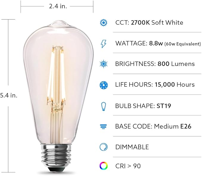 Feit Electric ST19 Vintage Edison LED Light Bulb, 60W Equivalent, Dimmable, 2700K Soft White, 800 Lumens, E26 Base, Retro Filament Light Bulbs, 15,000-Hour Lifetime, ST1960/CL/927CA/2, 2 Pack