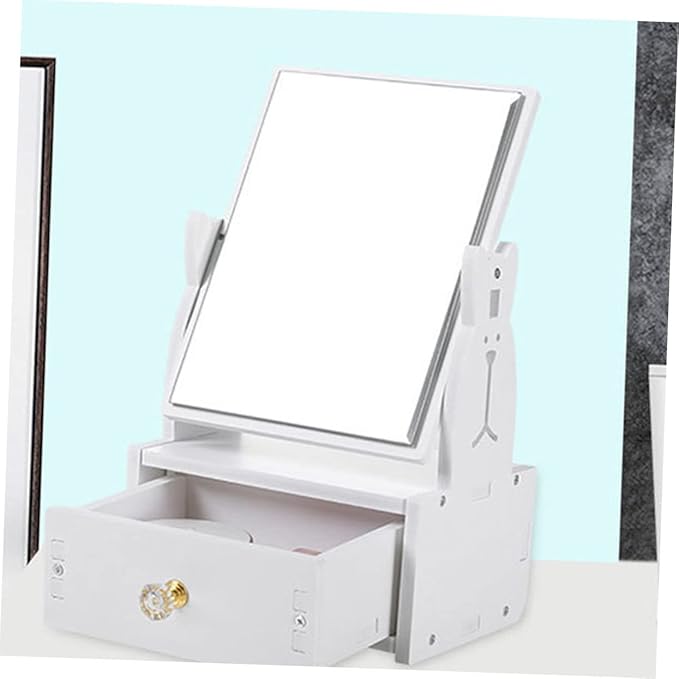 Beaupretty 1pc Cute Desktop Makeup Mirror with Drawer Rotating Vanity Mirror for Bedroom Stylish Cosmetic Organizer with Cartoon Design for Daily Use and Giving