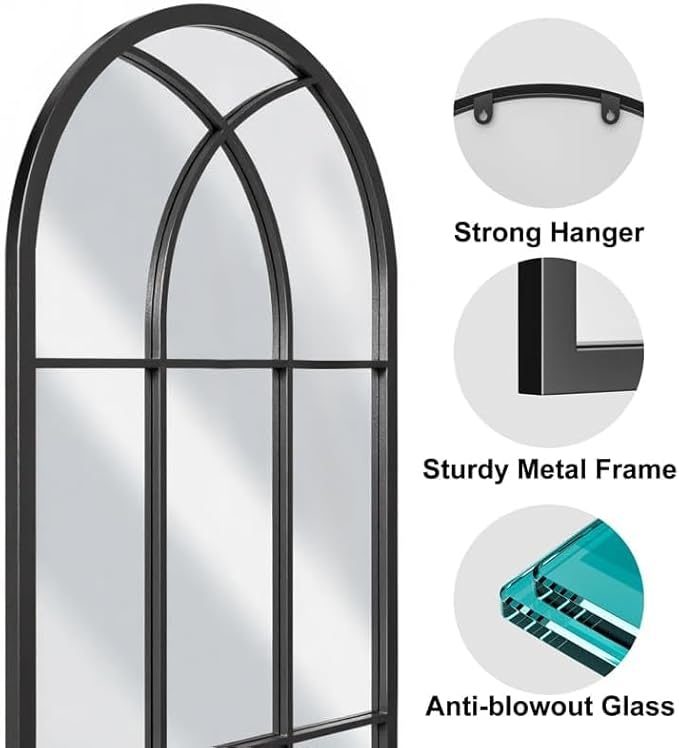 Rowjut Black Arched Wall Mirror 56“ x 22”,Wall Decorative & Window Mirror with Iron Framed Window Pane Inspiration, Ideal for Foyer, Living Room, Bedroom & Fireplace to Create a Cozy Home!